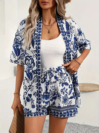 Hana | Damen Kimono-Set Shorts Blumenmuster Sommer in Marineblau