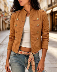 Damen Langarm-Jacke mit Knöpfen und Taschen in Dunkelbraun