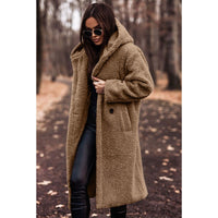 Damen Teddymantel mit Kapuze und großen Knöpfen in Camel