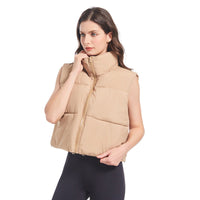Damen ultraleichte Kurz-Steppweste mit hohem Stehkragen und Kordelzug in Khaki
