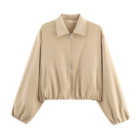 Damen Cropped Bomberjacke mit Ballonärmeln, elastischem Saum und Reverskragen Nord Taschen in Aprikose