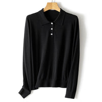 Damen Feiner Langarm-Polo-Pullover aus Feinstrick mit Knopfleiste Nord Taschen in Obsidienschwarz