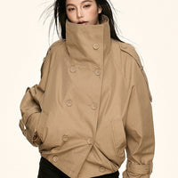 Damen Oversized Doppelreihige Trench-Bomberjacke mit hohem Stehkragen Nord Taschen in Khaki