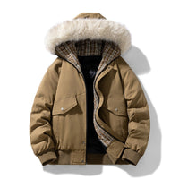 Herren wattierte Winterjacke mit Kapuze und abnehmbarem Kunstfellkragen in Ocker