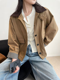 Damen Kurzjacke im Worker-Stil mit Cordkragen und aufgesetzten Pattentaschen Nord Taschen in Kaffee-Braun
