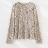 Damen Feines Häkel-Longsleeve mit floraler Lochmuster-Struktur und legerer Silhouette Nord Taschen in Khaki