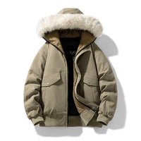 Herren wattierte Winterjacke mit Kapuze und abnehmbarem Kunstfellkragen in Militärgrün