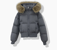 Damen kurzer gesteppter Blouson mit abnehmbarer Kapuze in Grau