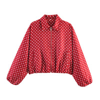 Damen Cropped Bomberjacke mit Ballonärmeln, elastischem Saum und Reverskragen Nord Taschen in Rot gepunktet