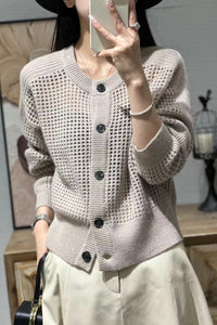 Damen Mesh-Cardigan mit Rundhalsausschnitt, Knopfleiste und langen Ärmeln in Hellcamel