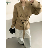 Damen Kurztrenchjacke mit taillierendem Bindegürtel und voluminösen Ballonärmeln Nord Taschen in Khaki