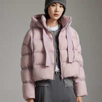 Damen Kurz geschnittene Boxy-Steppjacke mit voluminöser Kapuze und Kordelzug Nord Taschen in Rosa