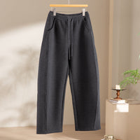 Damen Relaxed-Fleece-Hose mit hoher Taille, Tunnelzug und dekorativer Seitennaht Nord Taschen in Dunkelgrau-schwarze Hose