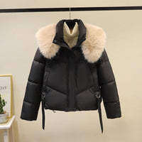Damen kurze Steppjacke mit voluminösem Webpelzkragen und Taillenriemen in Schwarz