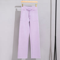 Damen Breite Baumwoll-Frottee-Loungehose mit hohem Bund und Tunnelzug Nord Taschen in Lila Hose