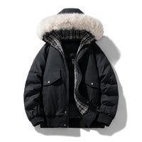 Herren wattierte Winterjacke mit Kapuze und abnehmbarem Kunstfellkragen in Schwarz