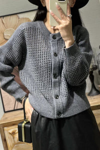Damen Mesh-Cardigan mit Rundhalsausschnitt, Knopfleiste und langen Ärmeln in Grau