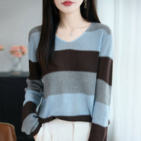 Damen Pullover mit V-Ausschnitt und Streifen in Blau gestreift