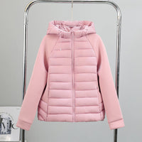 Damen leichte Hybrid-Steppjacke mit Kapuze und elastischen Ärmelpaneelen in Rosa