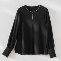 Damen Elegante seidenähnliche Bluse mit Kontrastpaspel und verlängerten Manschetten Nord Taschen in Schwarz