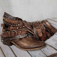 Damen Western Stiefeletten mit Schnallenriemen und Ketten in Braun