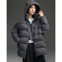 Damen Steppige wärmende Daunenjacke mit Kapuze und weiter Silhouette Nord Taschen in Dunkelgrau