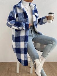 Damen Langmantel mit Karomuster und Taschen in Blau-Weiße Karos