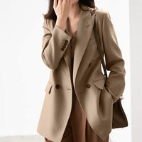 Damen Taillierter Longline-Blazer mit doppelreihiger Knopfleiste und Pattentaschen Nord Taschen in Kamel