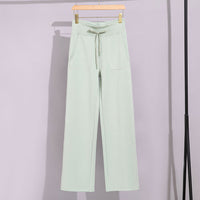 Damen Breite Baumwoll-Frottee-Loungehose mit hohem Bund und Tunnelzug Nord Taschen in Wellenmustergrün (Hose)