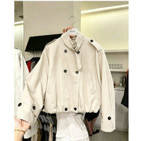 Damen Kurze Blouson‑Trenchjacke mit Stehkragen, doppelreihiger Knopfleiste und Gummizugsaum Nord Taschen in Ecru