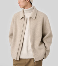 Herren Boxy‑Wollblouson mit verdecktem Zwei‑Wege‑Reißverschluss und Hemdkragen Nord Taschen in Meliertbeige
