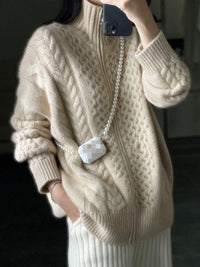 Damen Oversized Lang Pullover mit Stehkragen in Ecru