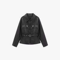 Damen Taillierter Utility-Lederblouson mit Bindegürtel und aufgesetzten Brusttaschen Nord Taschen in Schwarz
