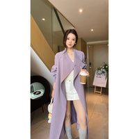 Damen Maxi-Trenchcoat mit Wasserfallkragen und gerafften Ärmeln Nord Taschen in Violett