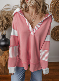 Damen Oversized V-Ausschnitt Gestreifter Sweatshirt in Pink
