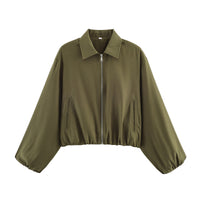 Damen Cropped Bomberjacke mit Ballonärmeln, elastischem Saum und Reverskragen Nord Taschen in Olivgrün