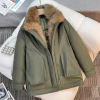 Damen mittellanger Winterparka mit abnehmbarem Kunstfellkragen in Grün
