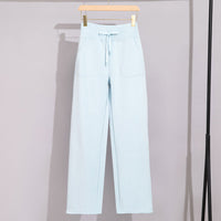 Damen Breite Baumwoll-Frottee-Loungehose mit hohem Bund und Tunnelzug Nord Taschen in Himmelblaue Hose