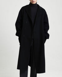 Herren Oversize Doppelreiher Wollmantel mit weitem Schnitt und klassischem Revers Nord Taschen in Schwarz (100% Wolle)