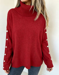 Mara | Damen Oversized Langarm-Turtleneck-Pullover mit Knöpfen in Burgunder