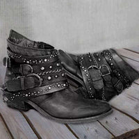 Damen Western Stiefeletten mit Schnallenriemen und Ketten in Schwarz