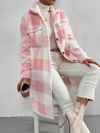 Damen Langmantel mit Karomuster und Taschen in Pink-Weiße Karos