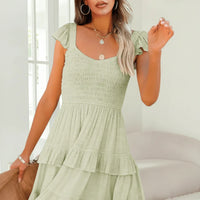 Damen Sommerkleid Rüschen Kurzes Luftiges Freizeitkleid in Limettengrün