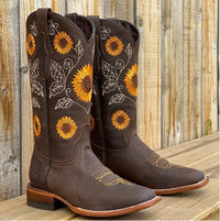 Sophie | Damen Bestickte Wadenhoher Cowboy Stiefel in Dunkelbraun