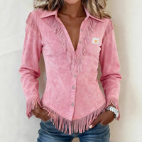 Solène │ Wildleder Bluse mit Knöpfen und Fransen-Details in Rosa