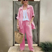 Yasmine™ Baumwoll-Leinen-Set mit Button-down-Hemd und verstellbaren Ärmeln in Rosa