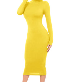 Damen Langarm Rollkragen Midi Etui Kleid in Gelb
