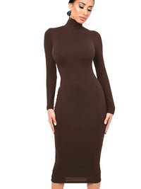 Damen Langarm Rollkragen Midi Etui Kleid in Kaffee