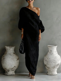Joëlle | Damen Leinen Sommerkleid Mit One-Shoulder Design in Schwarz