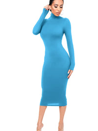 Damen Langarm Rollkragen Midi Etui Kleid in Blau